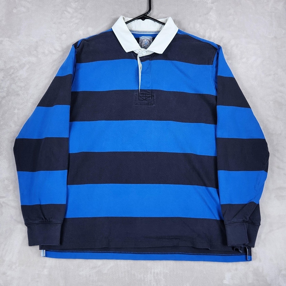 Lands' End Polo Shirt Mens XL Blue Navy Stripe Rugby Long Sleeve Cotton